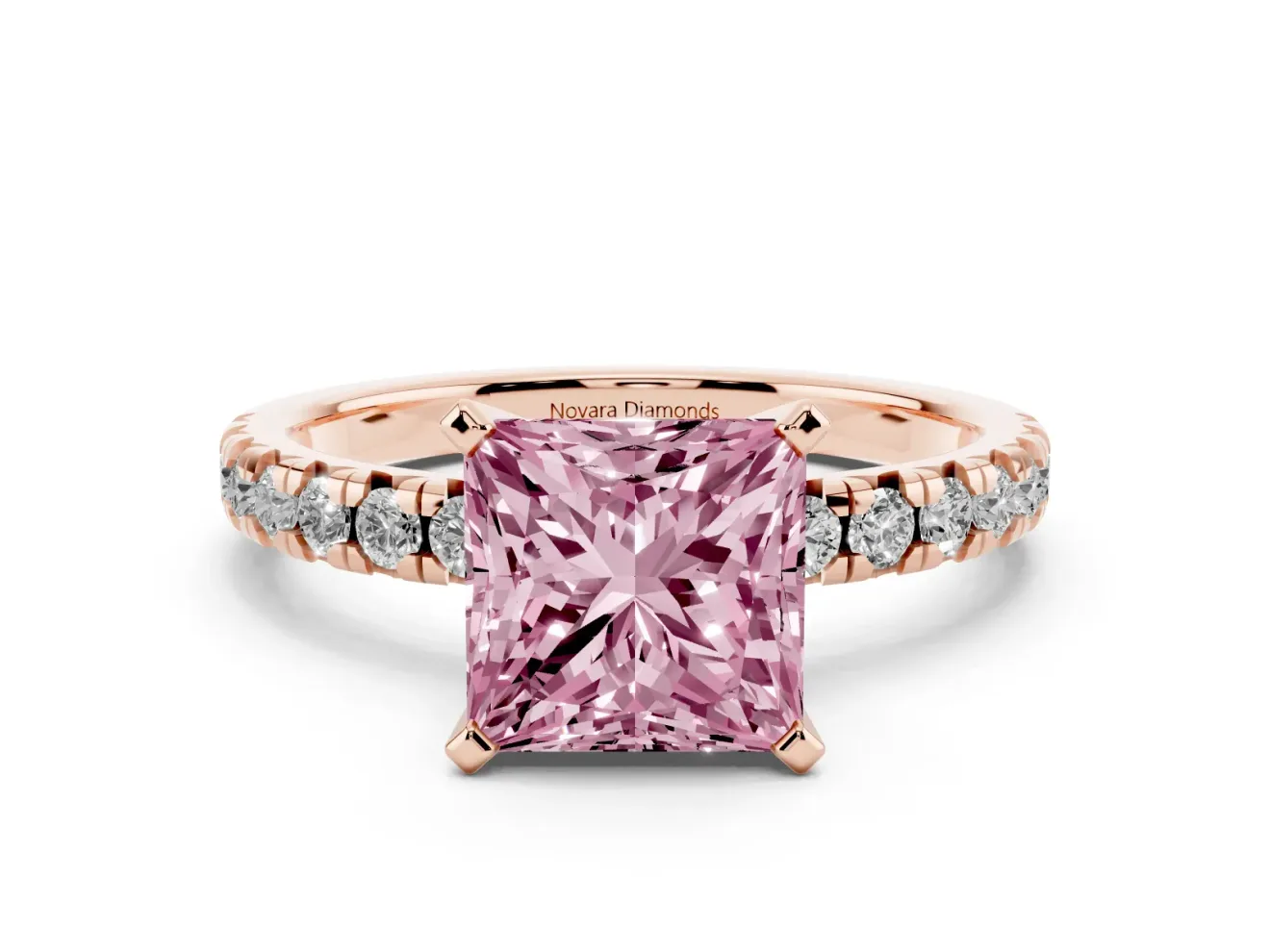 Fancy Pink Princess Cut Diamond Solitaire Pavé Engagement Ring Set in Rose gold with Round Band and Prong Setting