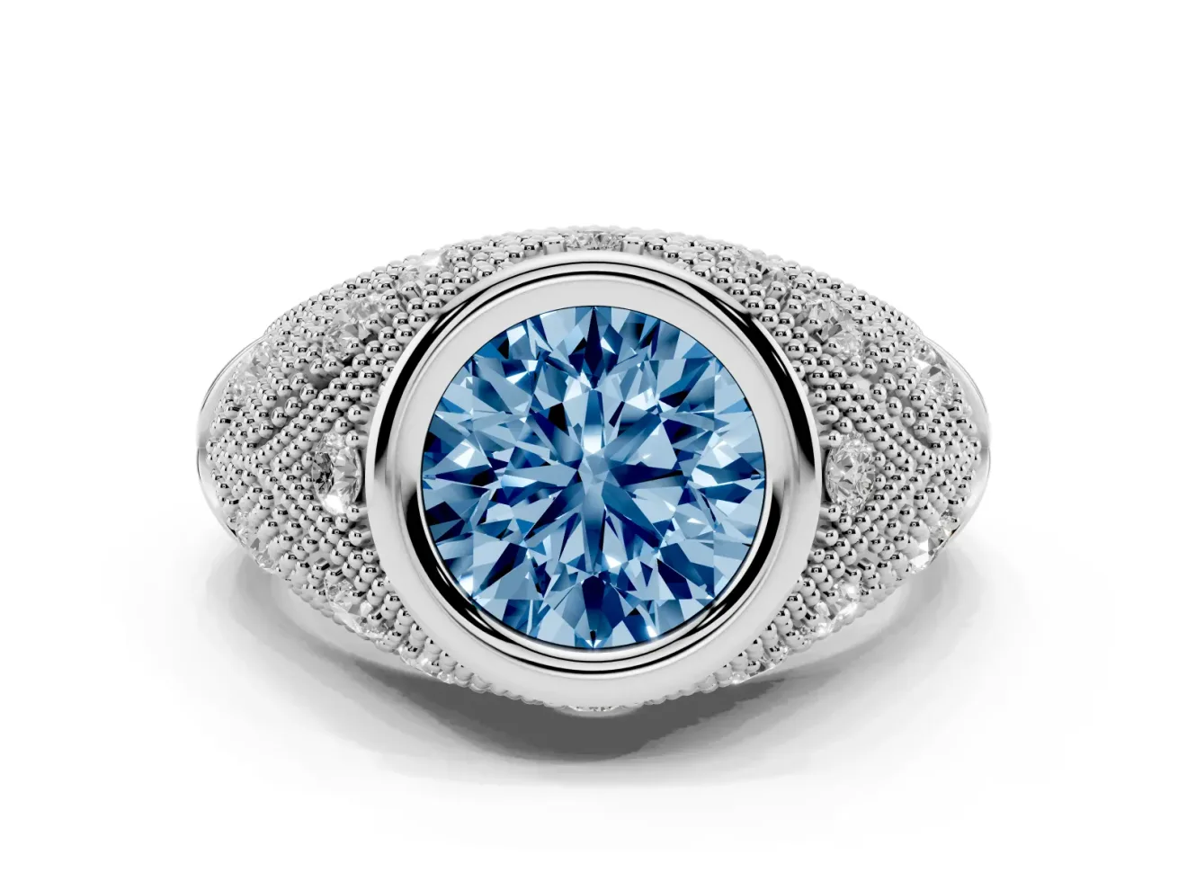 Fancy Blue Round Cut Diamond Bezel Ring Set in Silver with Milgrain Accent Band