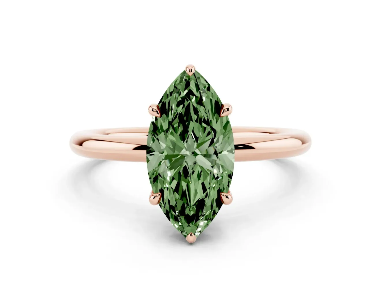 Fancy Green Marquise Cut Diamond Solitaire Ring Set in Rose gold with Thin Band and Prong Setting