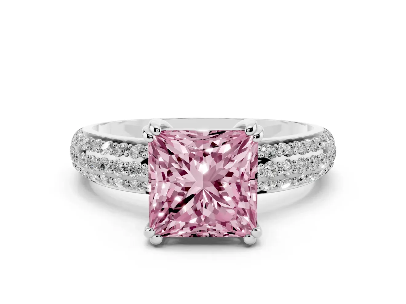 Princess Cut Three Row Pave Engagement Ring Setting for a Fancy Pink Lab-Grown Diamond | Double Claws | Sterling Silver