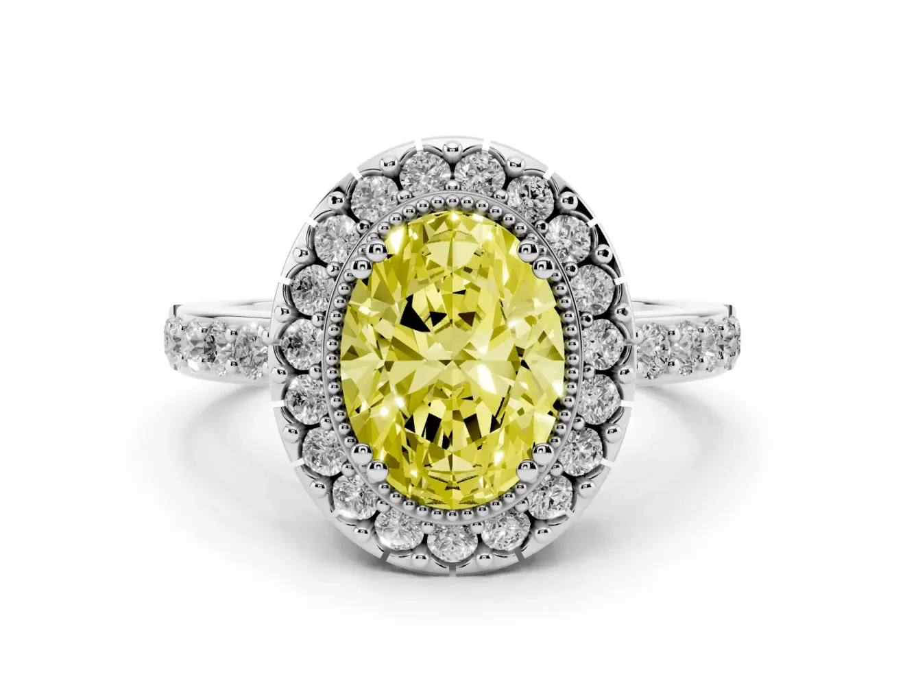 Fancy Yellow Oval Cut Diamond Halo Ring Set in Platinum with Pavé Shank and Prong Setting
