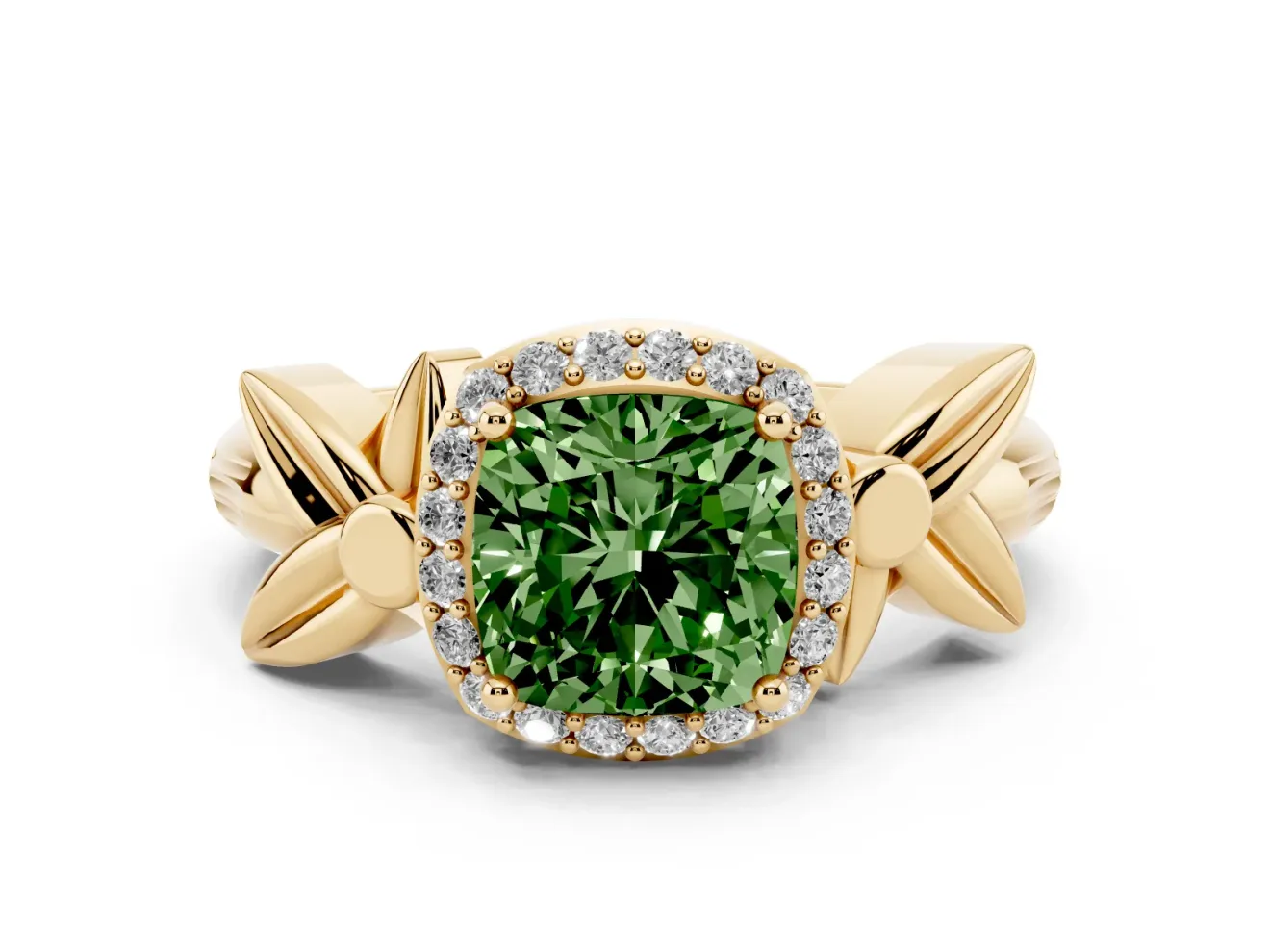 Cushion Cut Floral Halo Engagement Ring Setting for a Fancy Green Lab-Grown Diamond | Yellow Gold