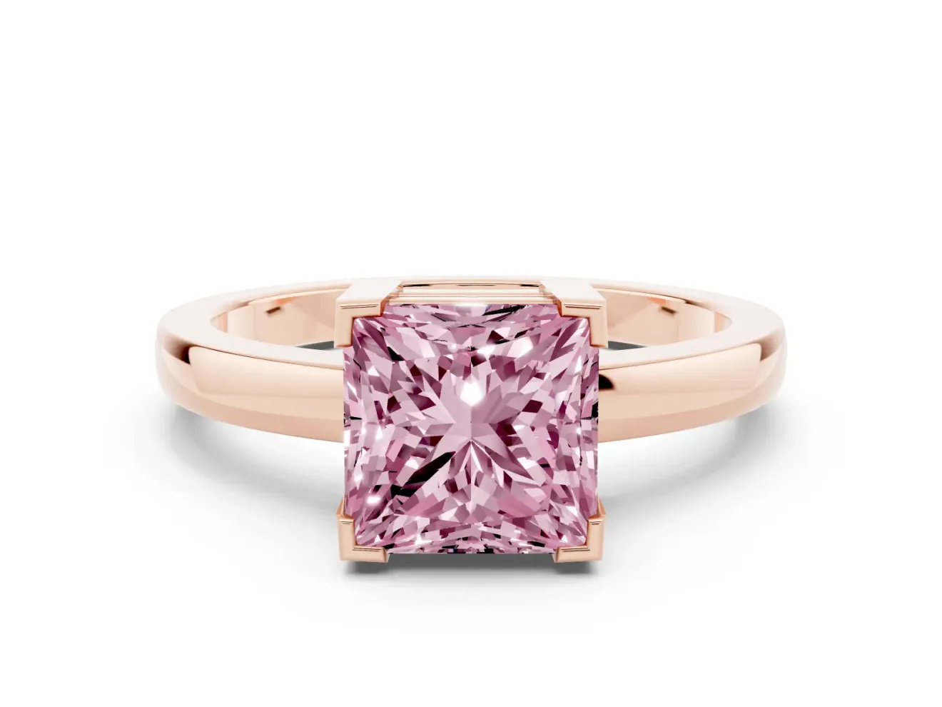 Fancy Pink Princess Cut Diamond Solitaire Ring Set in Rose gold with Prong Head and Smooth Polished Band