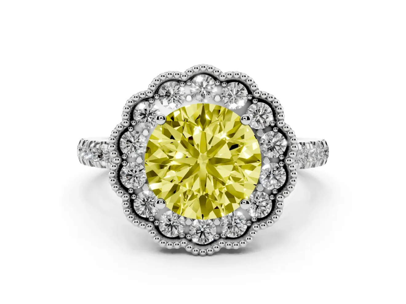 Fancy Yellow Round Cut Diamond Milgrain Floral Halo Engagement Ring Set in Platinum with Pavé Band