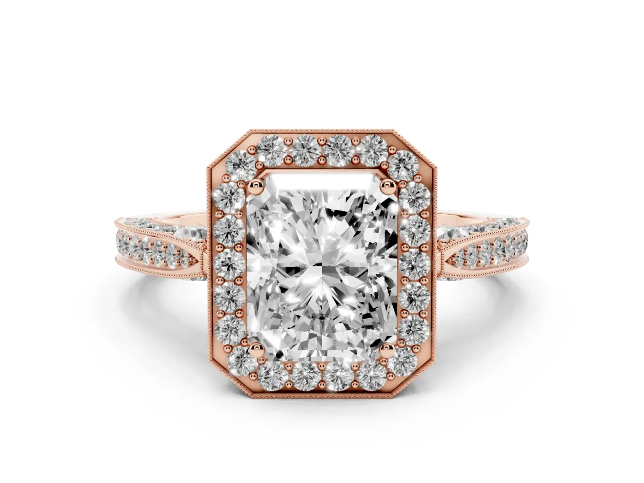 Radiant Cut Vintage Milgrain Halo Engagement Ring Setting | Side Stones and Pave | Rose Gold