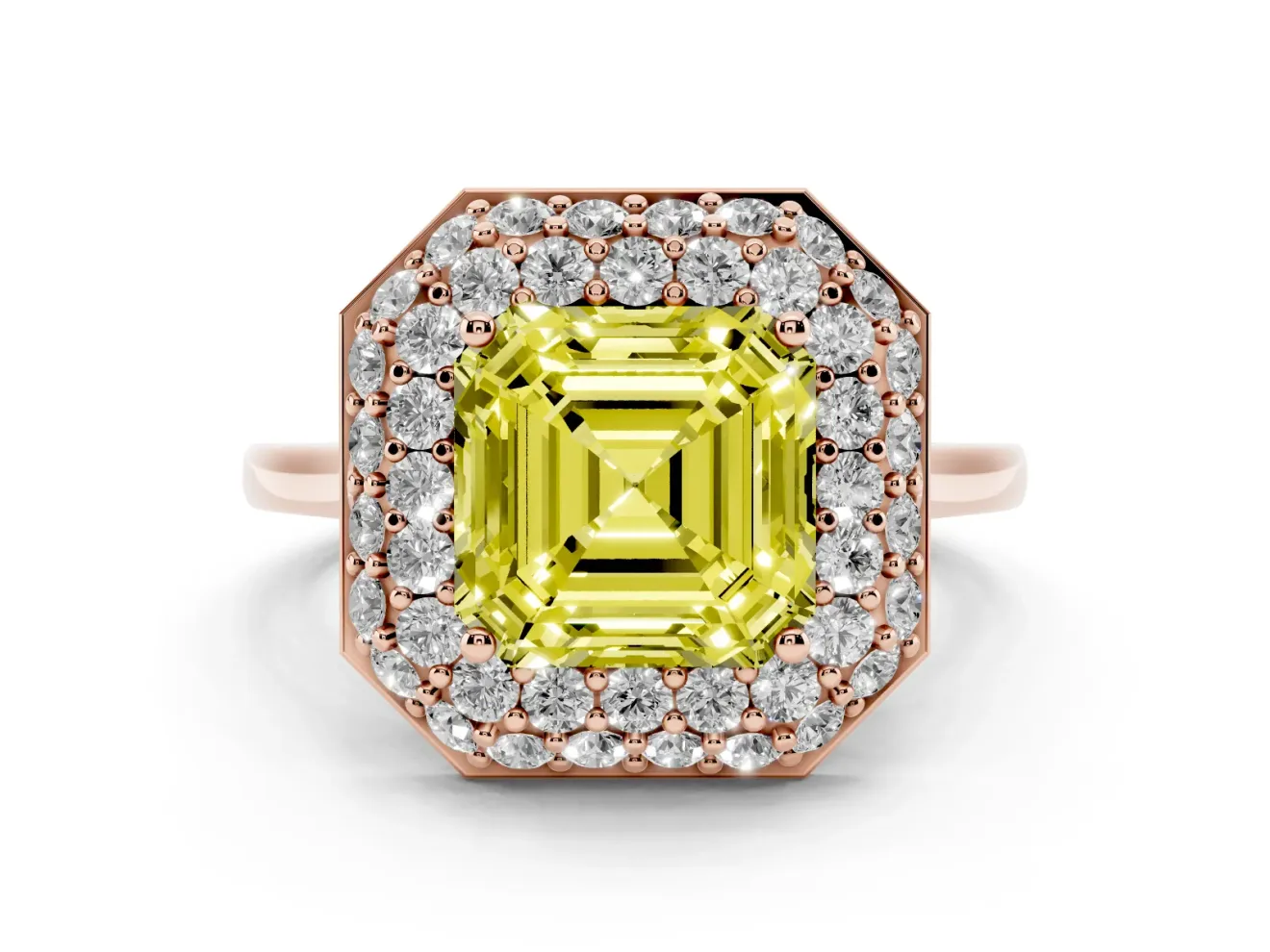 Asscher Cut Pave Halo Engagement Ring Setting for a Fancy Yellow Lab-Grown Diamond | Slim Plain Band | Rose Gold