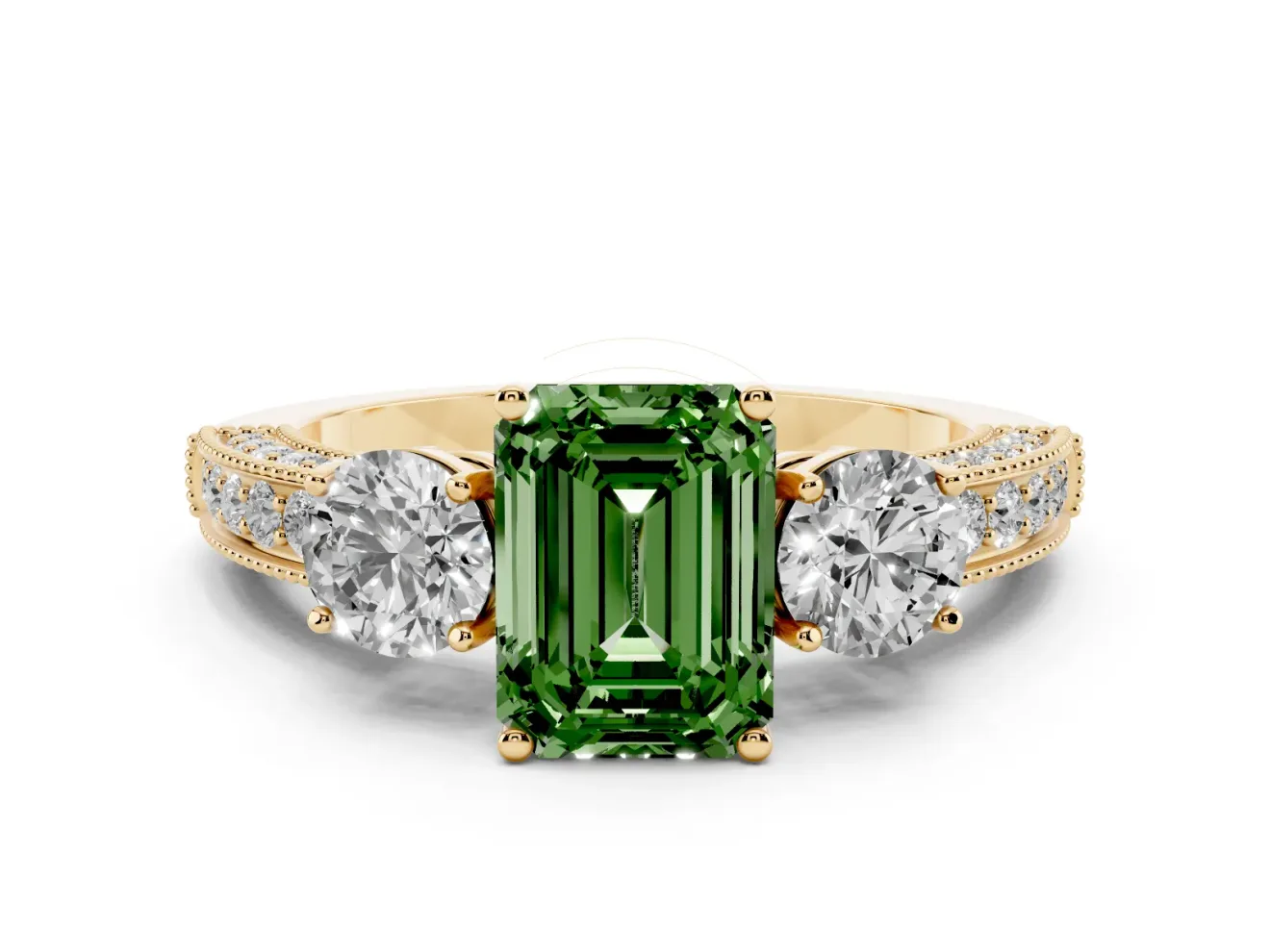 Fancy Green Emerald Cut Diamond Three-Stone Ring Set in Yellow gold with Round Side Stones and Pavé Band
