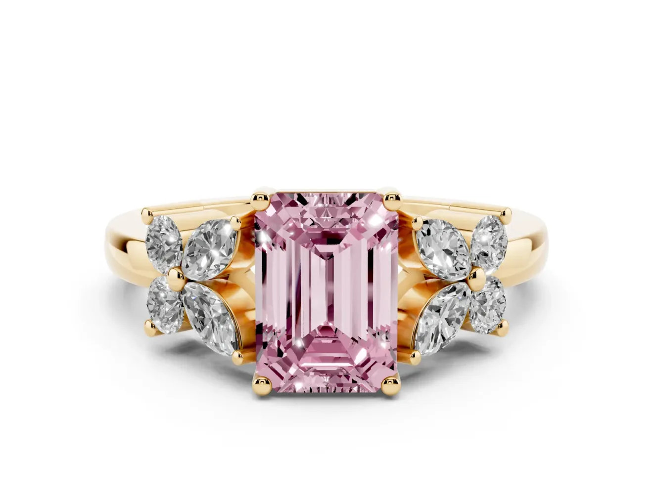 Fancy Pink Emerald Cut Diamond Floral Cluster Ring Set in Yellow gold with Marquise Petals and Prong Setting