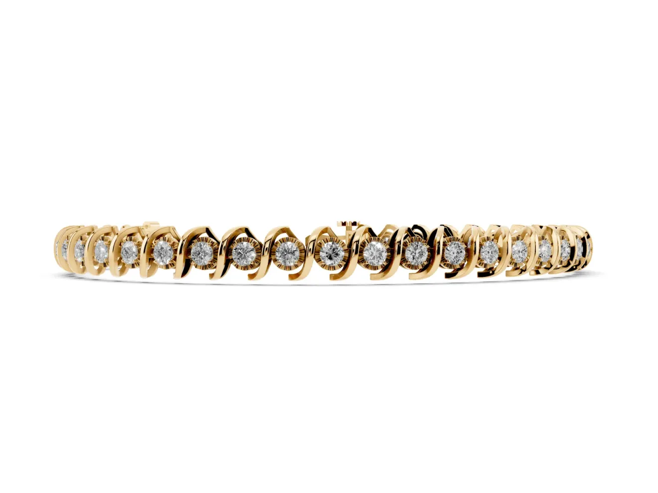 Round Lab-Grown Diamond Swirl Link Tennis Bracelet | Faceted Illusion Plates | Yellow Gold