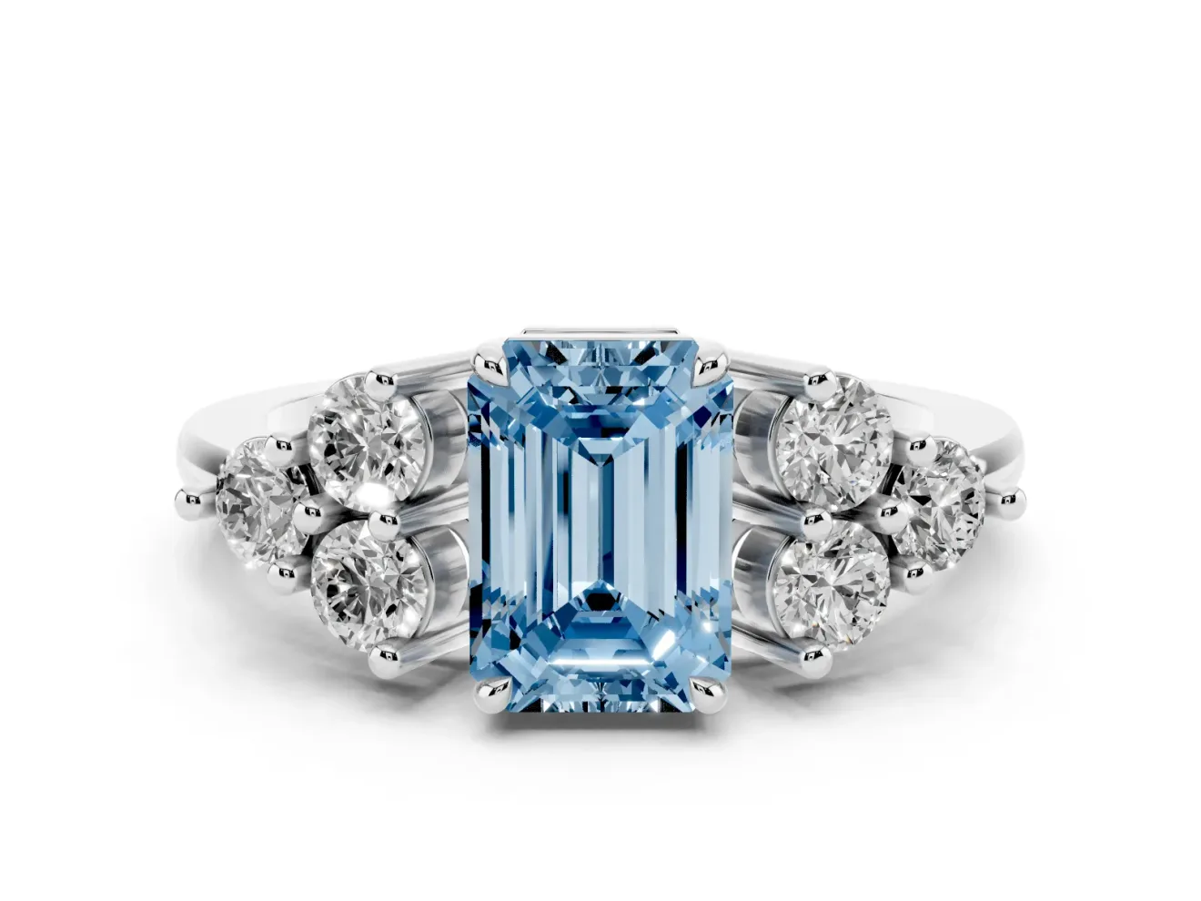 Fancy Blue Emerald Cut Diamond Solitaire Ring Set in Silver with Cluster Accents on Each Side