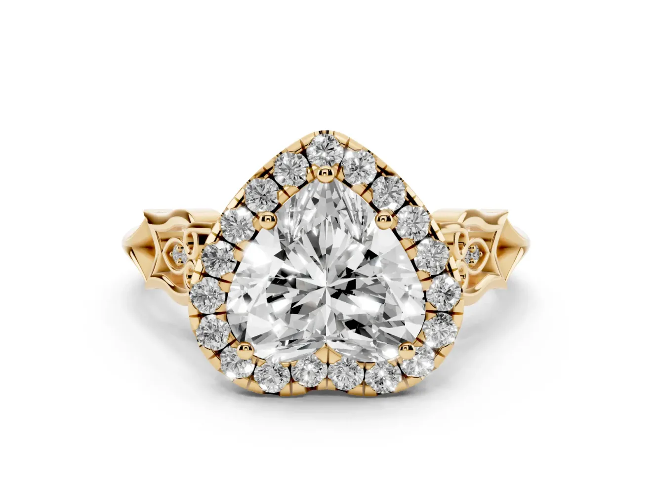 Heart Cut Diamond Halo Engagement Ring Set in Yellow gold with Filigree Band and Prong-Set Center