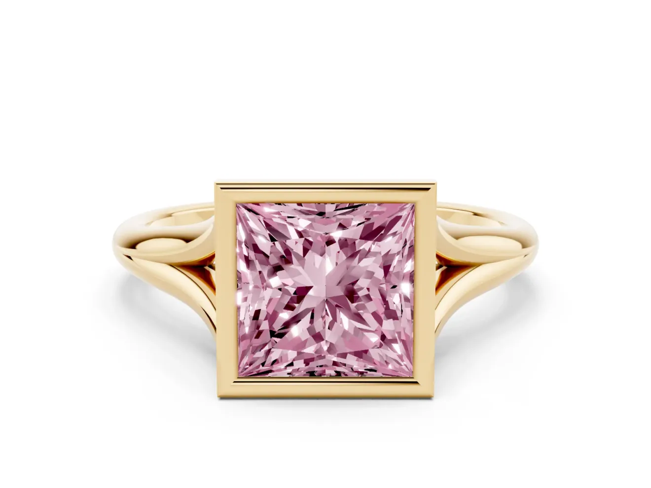 Fancy Pink Bezel Set Princess Cut Diamond Solitaire Ring Set in Yellow gold with Tapered Band