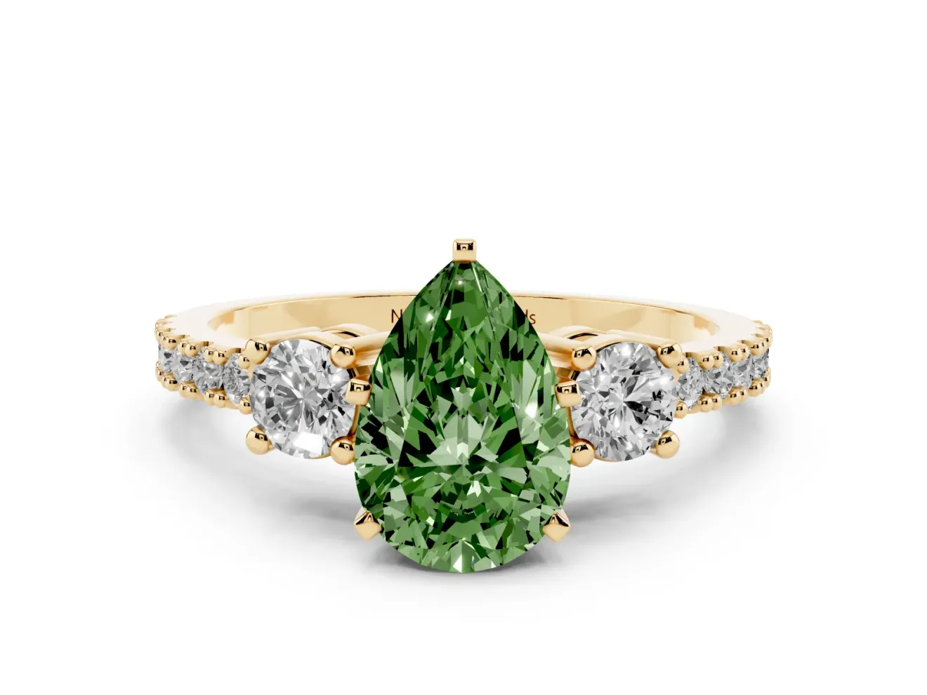 Fancy Green Three-Stone Pear Cut Diamond Pavé Band Ring Set in Yellow gold with Prong Setting