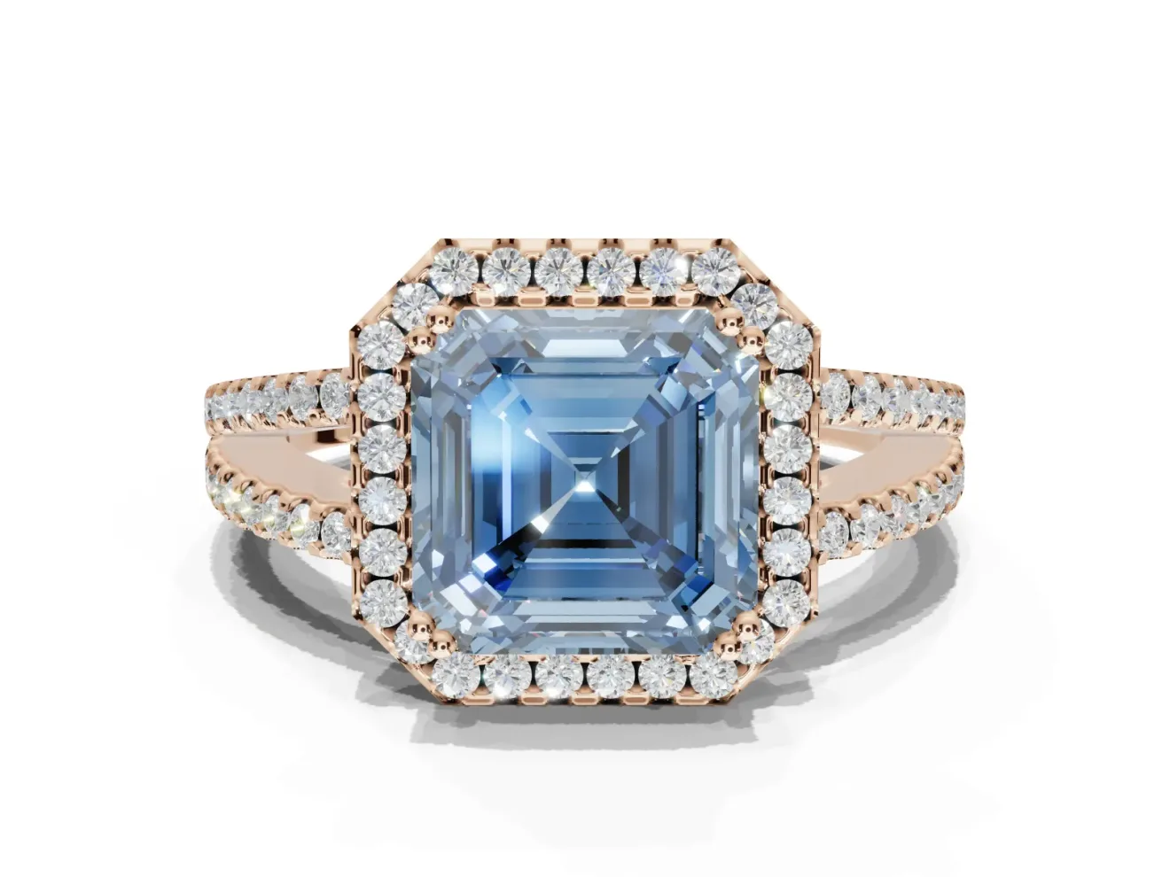 Asscher Cut Halo Split Shank Engagement Ring Setting for a Fancy Blue Lab-Grown Diamond | Pavé Shoulders | Rose Gold