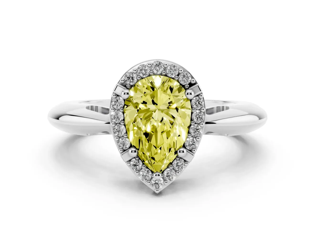 Fancy Yellow Pear Cut Diamond Halo Engagement Ring Set in White gold with Plain Split Shank and Prong Setting