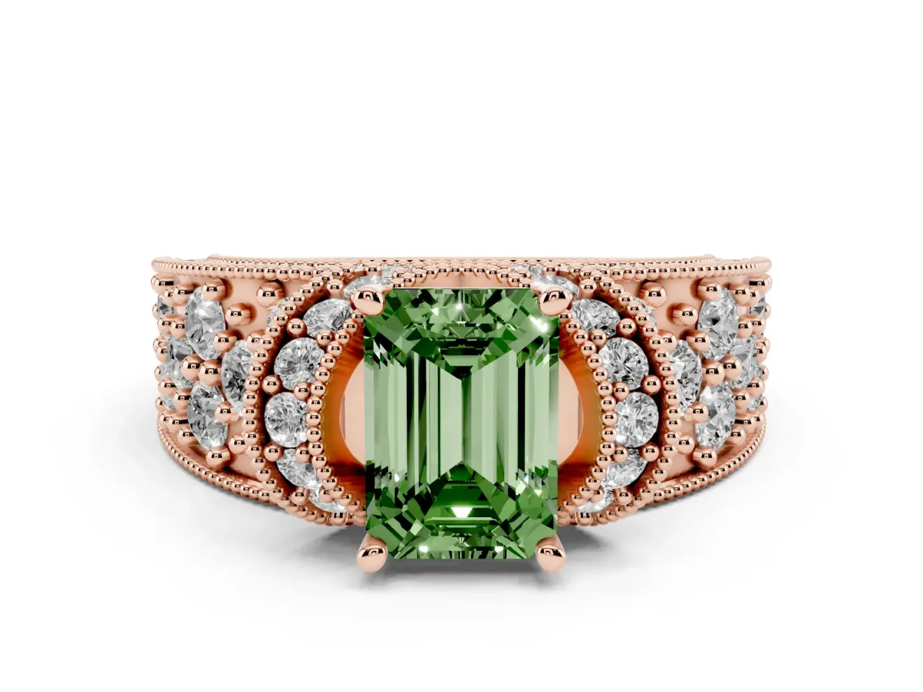 Emerald Cut Vintage Pave Engagement Ring Setting for a Fancy Green Lab-Grown Diamond | Milgrain Edges | Rose Gold