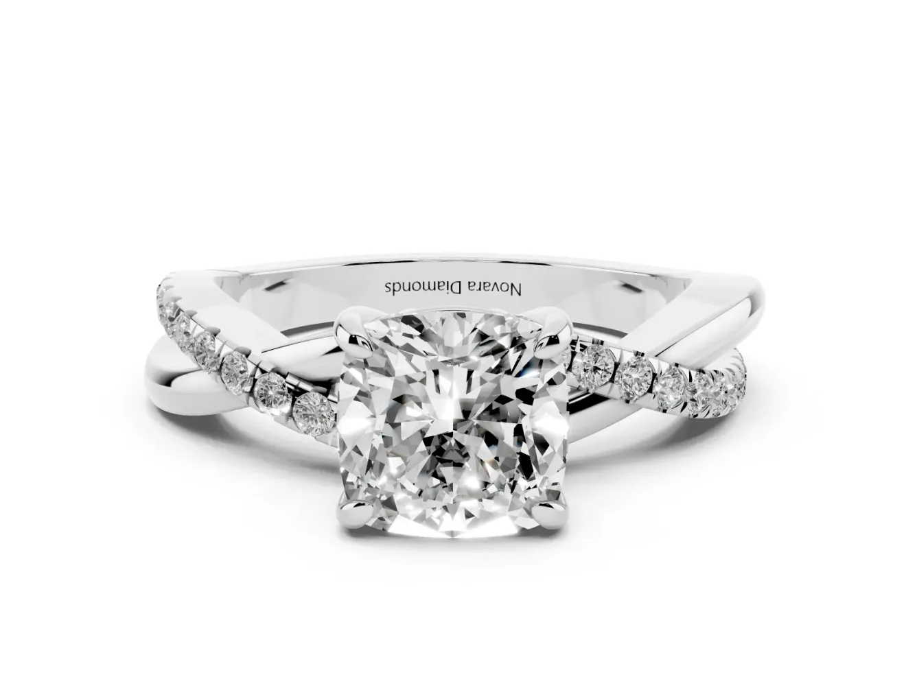 Cushion Cut Diamond Twist Band Solitaire Set in Platinum with Pavé Accents and Prong Setting