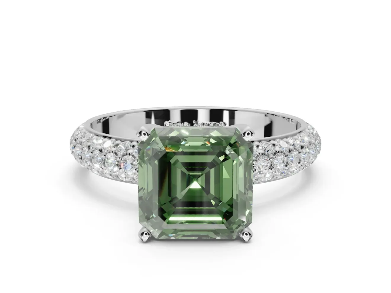 Asscher Cut Domed Pavé Engagement Ring Setting for a Fancy Green Lab-Grown Diamond | White Gold