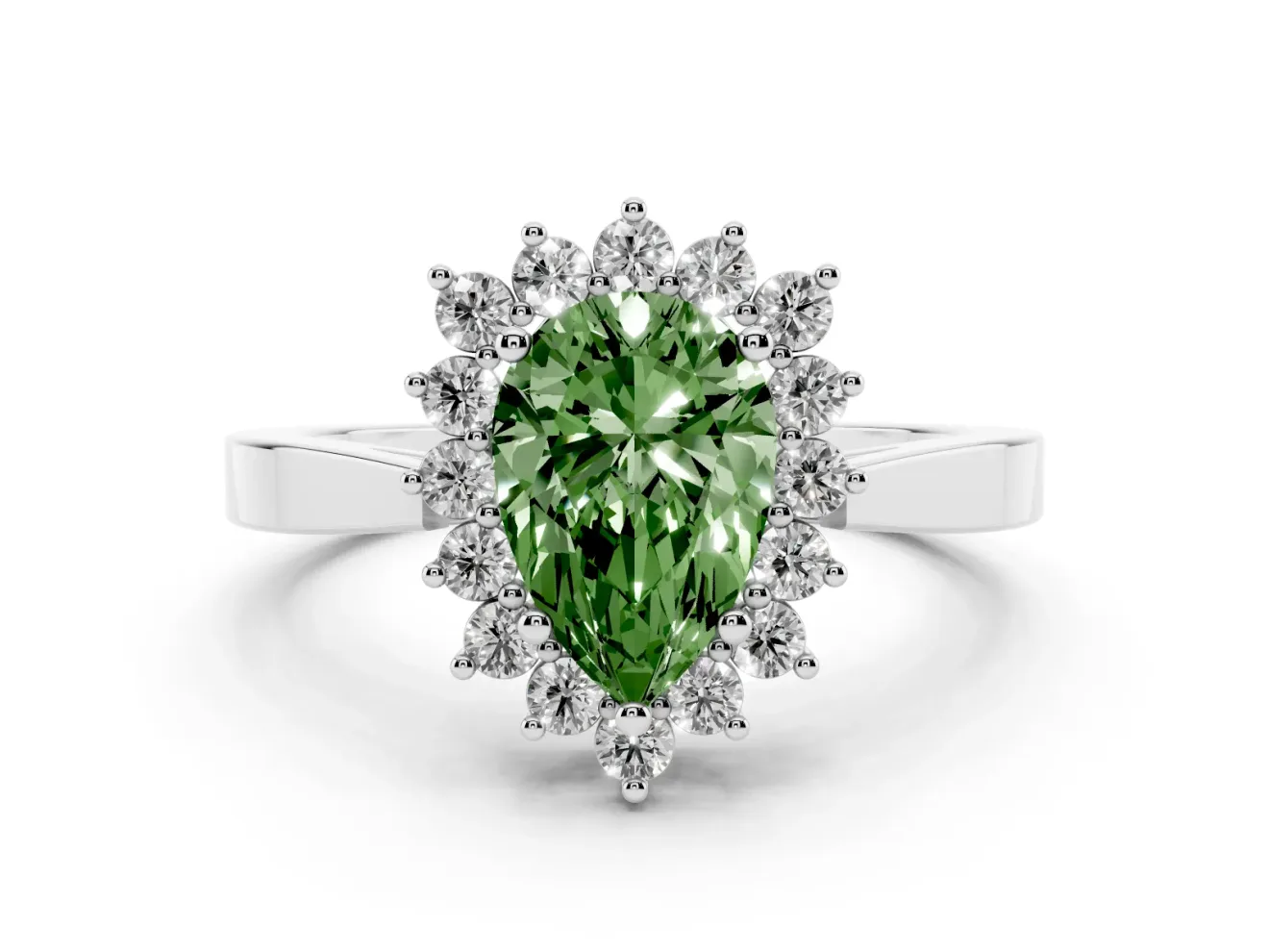 Fancy Green Pear Cut Diamond Halo Ring Set in White gold with Round Halo and Smooth Solitaire Band