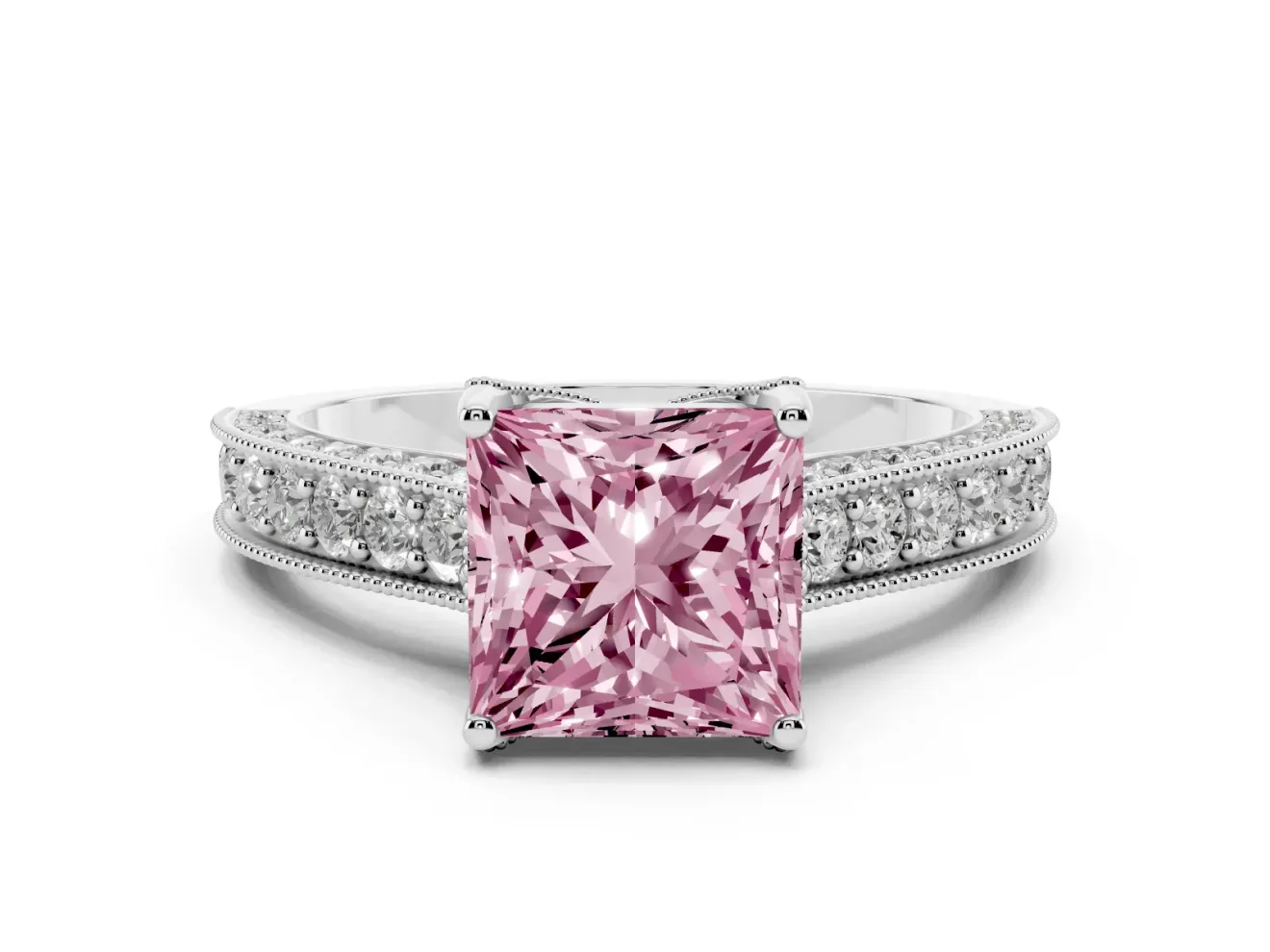 Princess Cut Hidden Halo Engagement Ring Setting for a Fancy Pink Lab-Grown Diamond | Milgrain Pave | Platinum