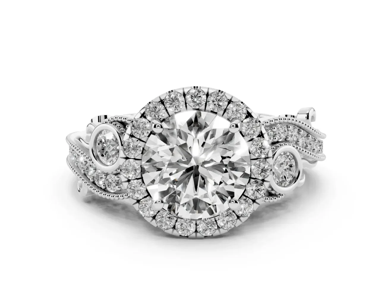 Round Cut Diamond Halo Ring Set in White gold with Milgrain Pavé Band and Prong Setting