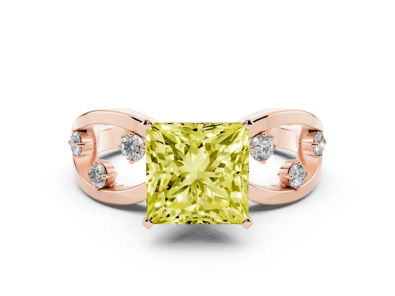 Fancy Yellow Princess Cut Diamond Solitaire Ring Set in Rose gold with Side Stones on Criss-Cross Band and Prong Setting