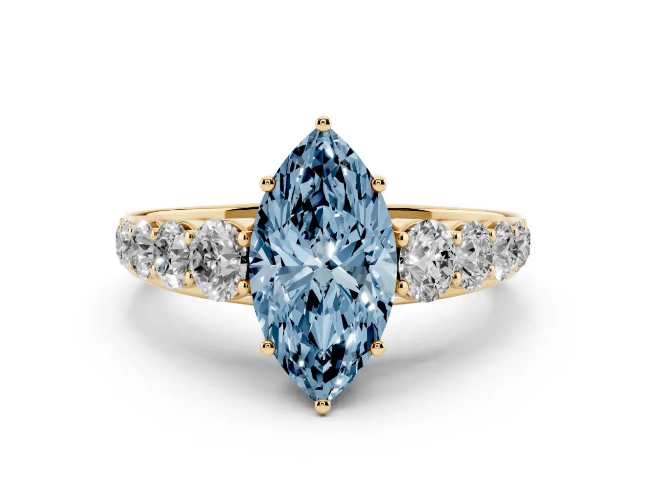 Marquise Graduated Side Stone Engagement Ring Setting for a Fancy Blue Lab-Grown Diamond | Flat Top Band | Yellow Gold