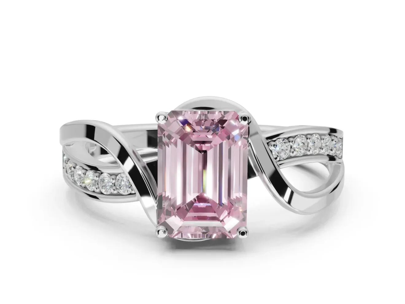 Emerald Cut Bypass Solitaire Engagement Ring Setting for a Fancy Pink Lab-Grown Diamond | Pavé Strands | Sterling Silver