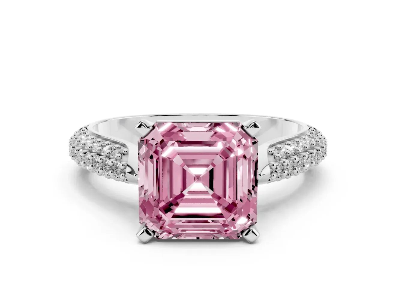 Fancy Pink Asscher Cut Diamond Solitaire Engagement Ring Set in Silver with Multi-Row Round Pavé Band and Prong Setting