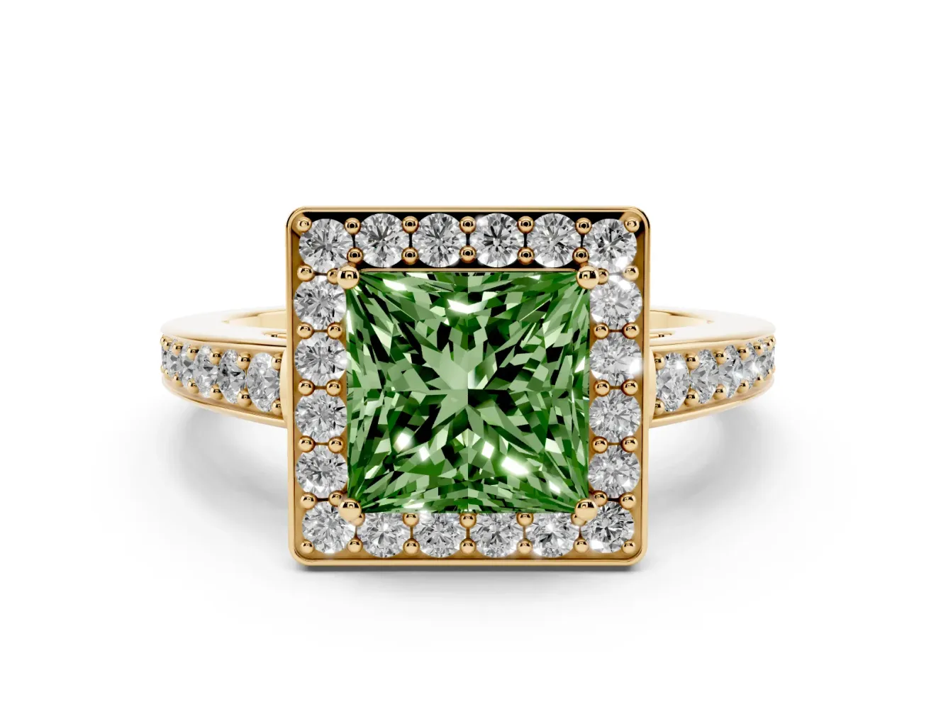 Fancy Green Princess Cut Diamond Halo Pavé Engagement Ring Set in Yellow gold with Bezel Setting