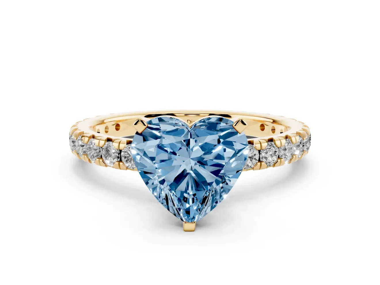 Fancy Blue Heart Cut Diamond Pavé Solitaire Ring Set in Yellow gold with Round Band and Prong Setting