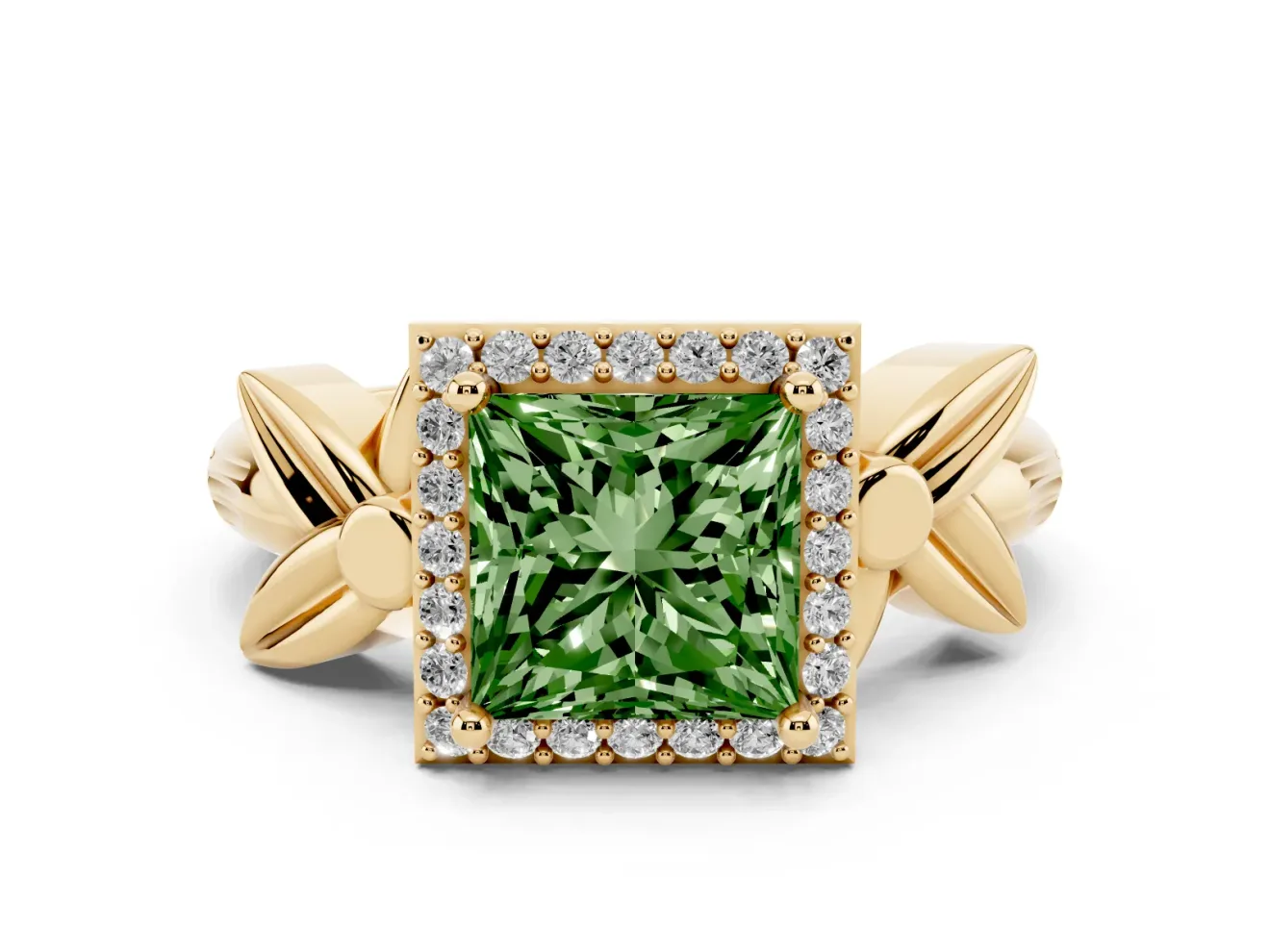 Princess Cut Floral Halo Engagement Ring Setting for a Fancy Green Lab-Grown Diamond | Yellow Gold