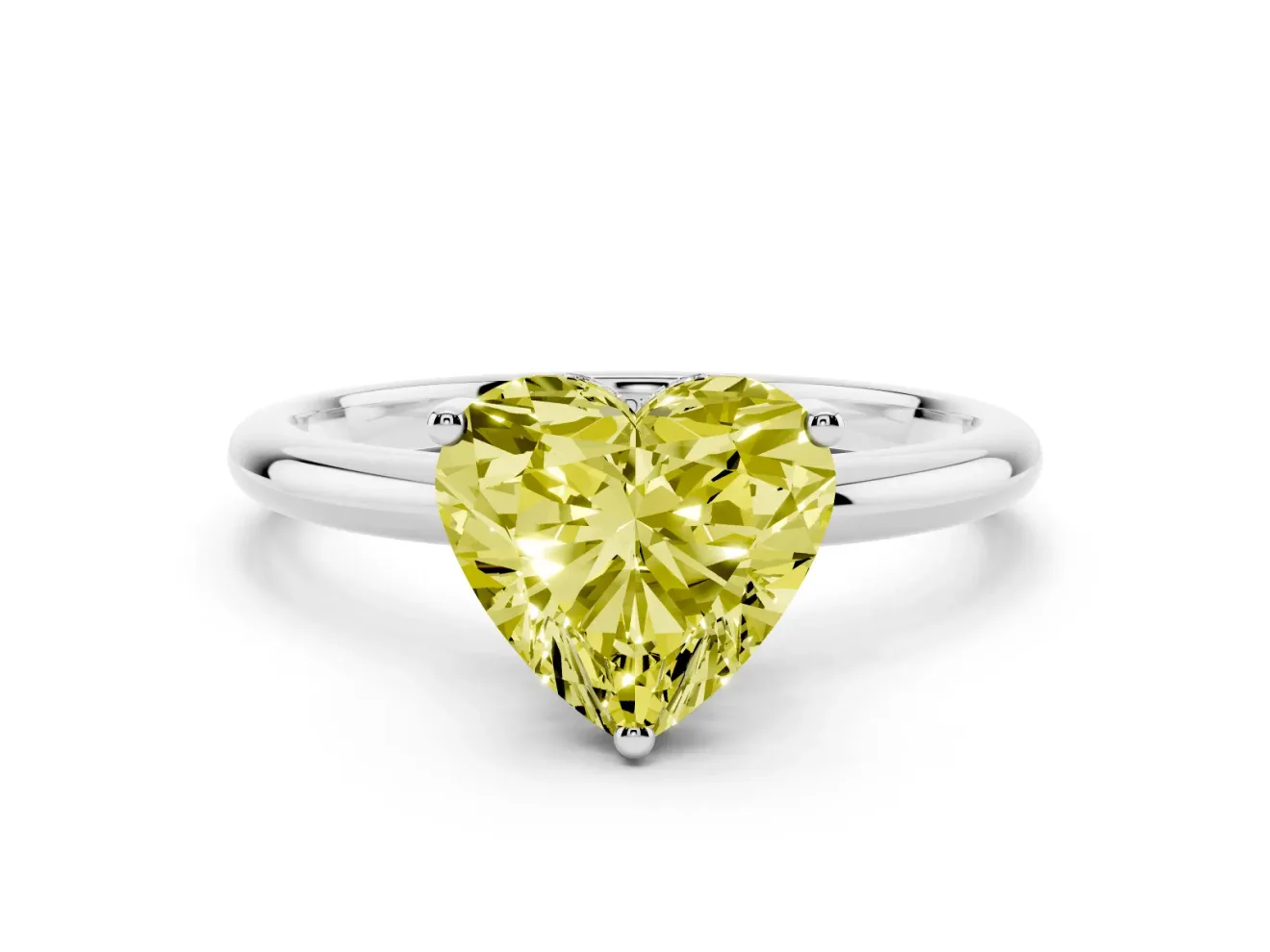 Fancy Yellow Heart Cut Diamond Solitaire Engagement Ring Set in White gold with Prong Setting and Polished Band