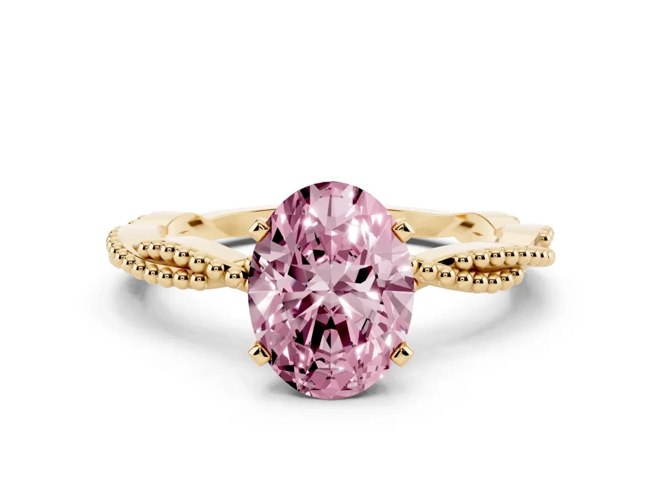 Fancy Pink Oval Cut Diamond Solitaire Ring Set in Yellow gold with Twisted Band and Bead Prong Setting