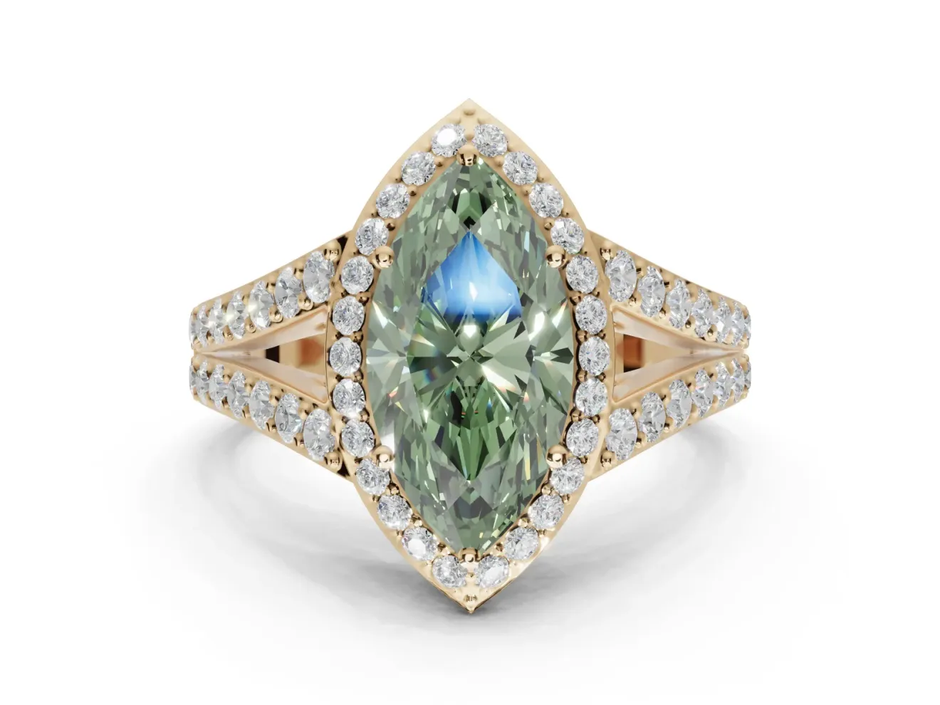 Marquise Halo Pavé Engagement Ring Setting for a Fancy Green Lab-Grown Diamond | Narrow Split Shank | Yellow Gold