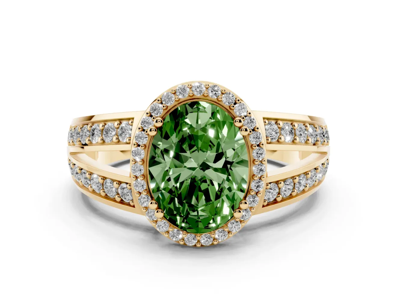 Oval Halo Engagement Ring Setting for a Fancy Green Lab-Grown Diamond | Split Shank | Yellow Gold