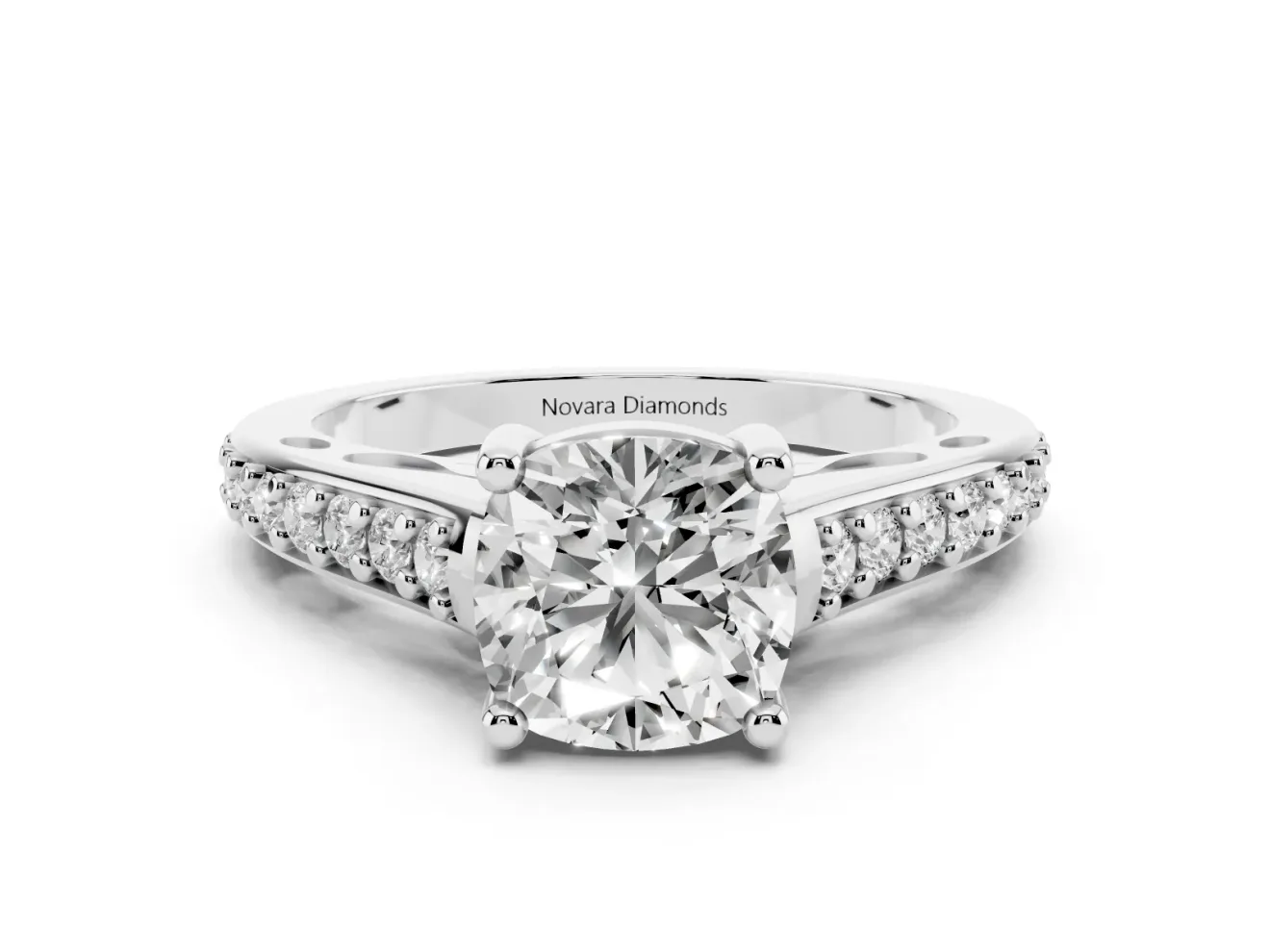 Cushion Cut Graduated Pave Cathedral Engagement Ring Setting | Scroll Cut-Outs | Sterling Silver
