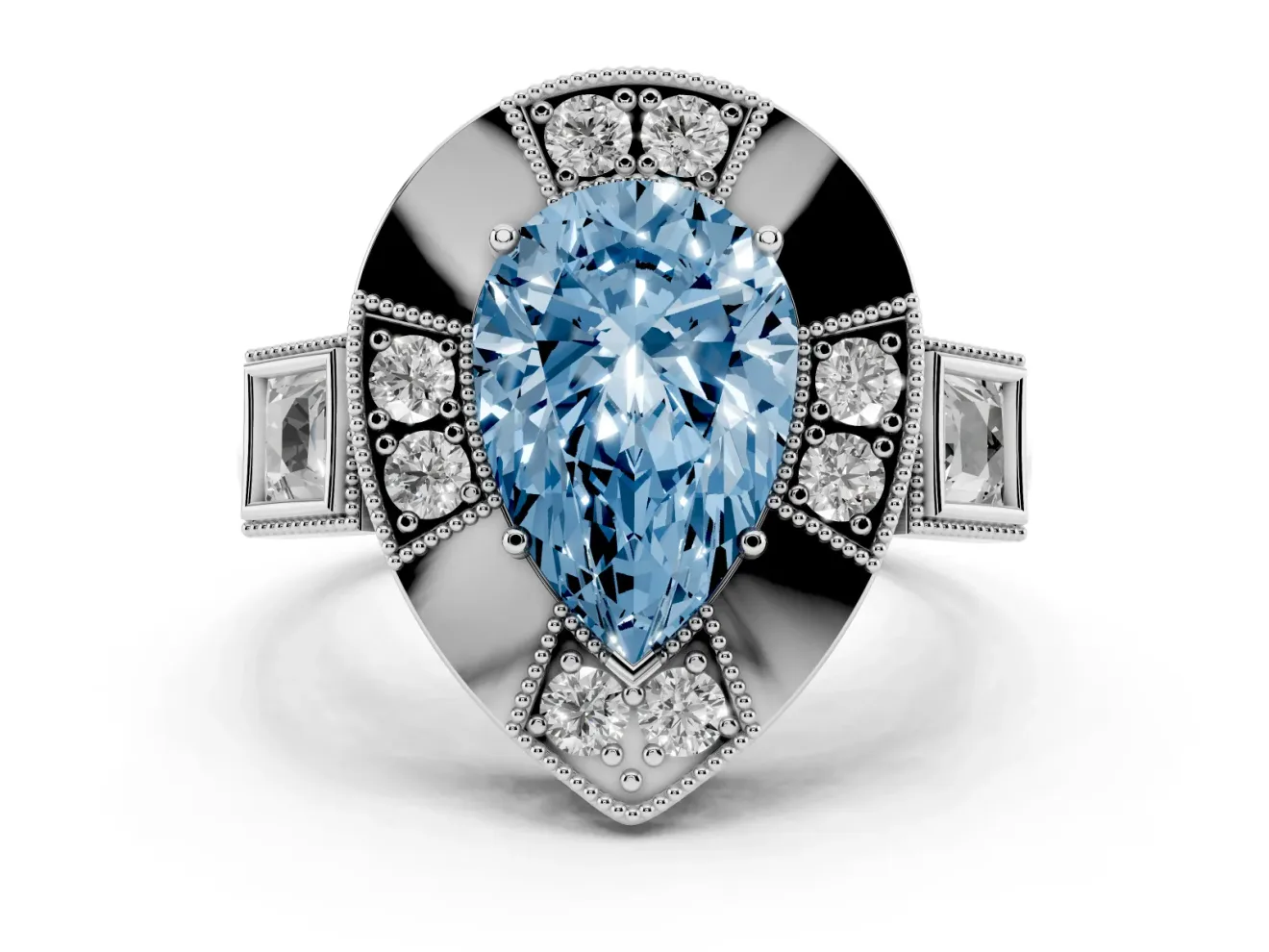 Fancy Blue Pear Cut Diamond Milgrain Halo Ring Set in Platinum with Split Shank