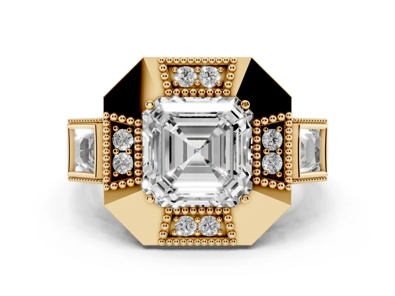 Asscher Cut Diamond Milgrain Halo Ring Set in Yellow gold with Split Shank