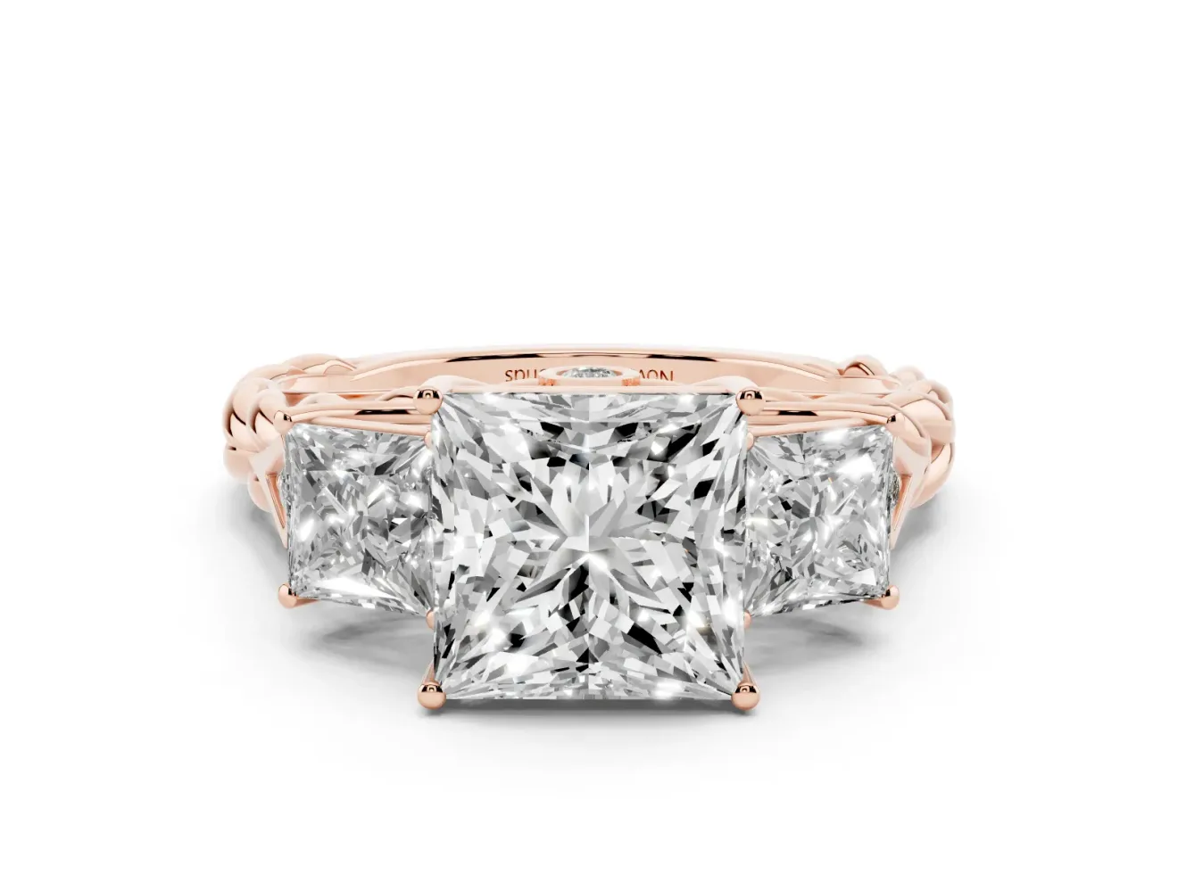 Princess Cut Three Stone Engagement Ring Setting | Braided Band | Rose Gold