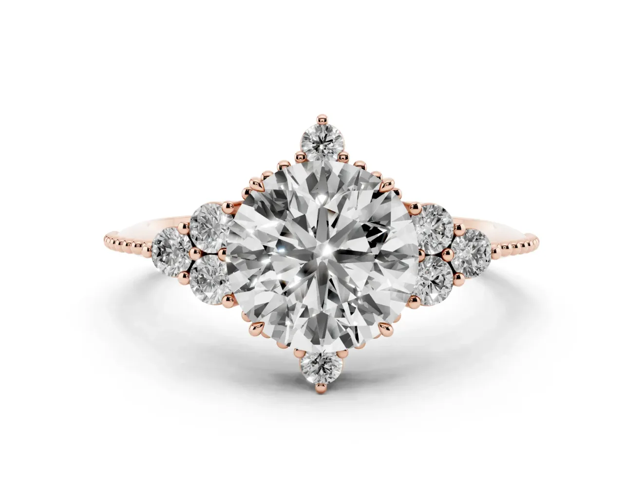 Round Vintage Cluster Engagement Ring Setting | Beaded Edges | Rose Gold
