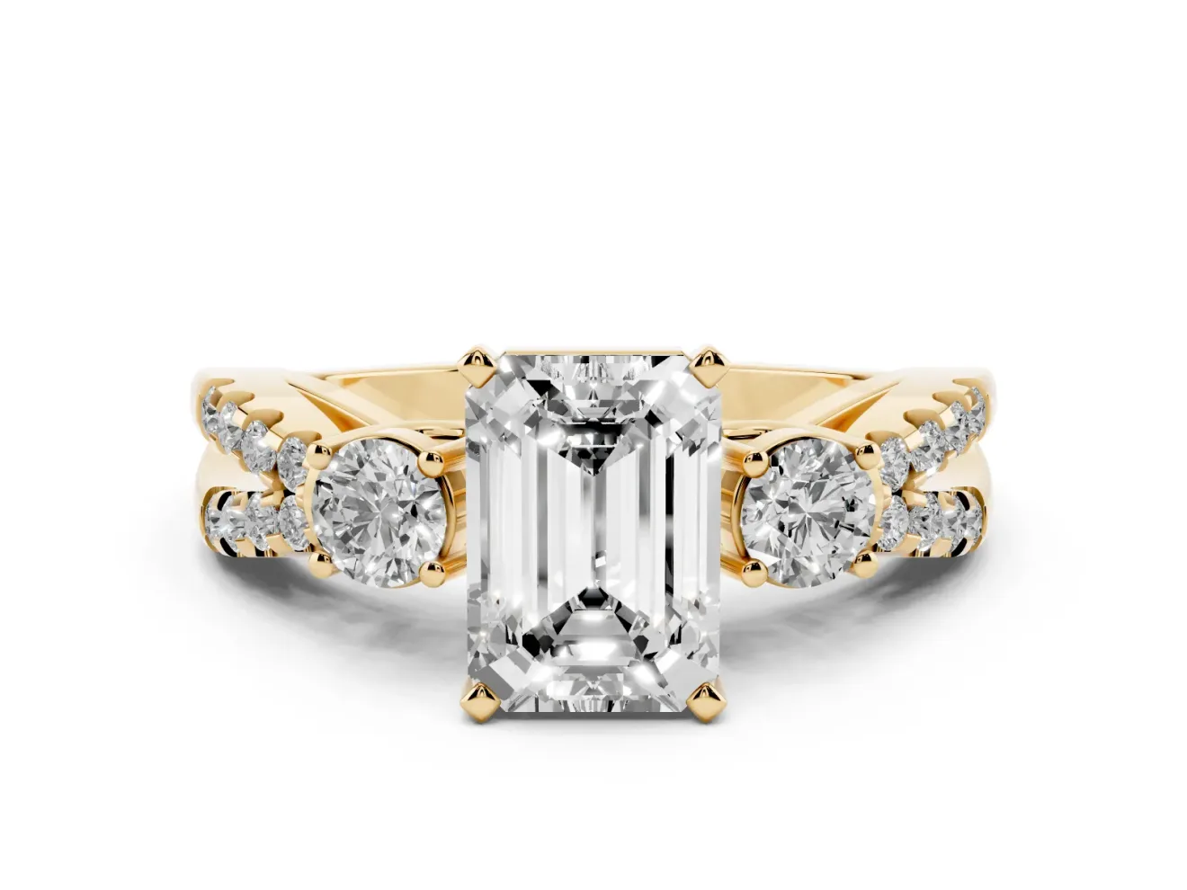 Emerald Cut Three Stone Engagement Ring Setting | Pavé Split Shank | Yellow Gold