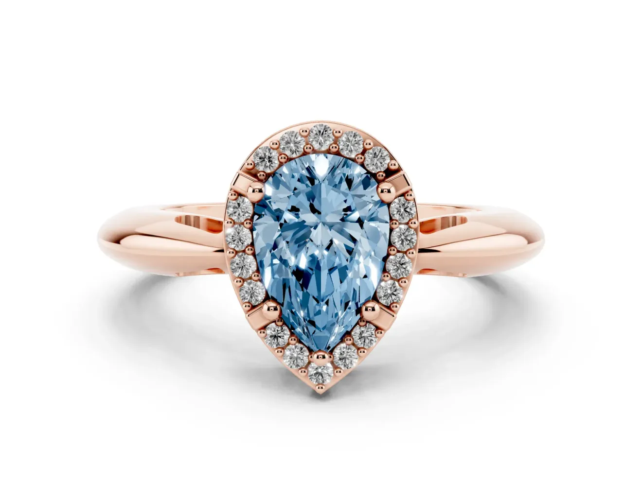 Fancy Blue Pear Cut Diamond Halo Engagement Ring Set in Rose gold with Plain Split Shank and Prong Setting