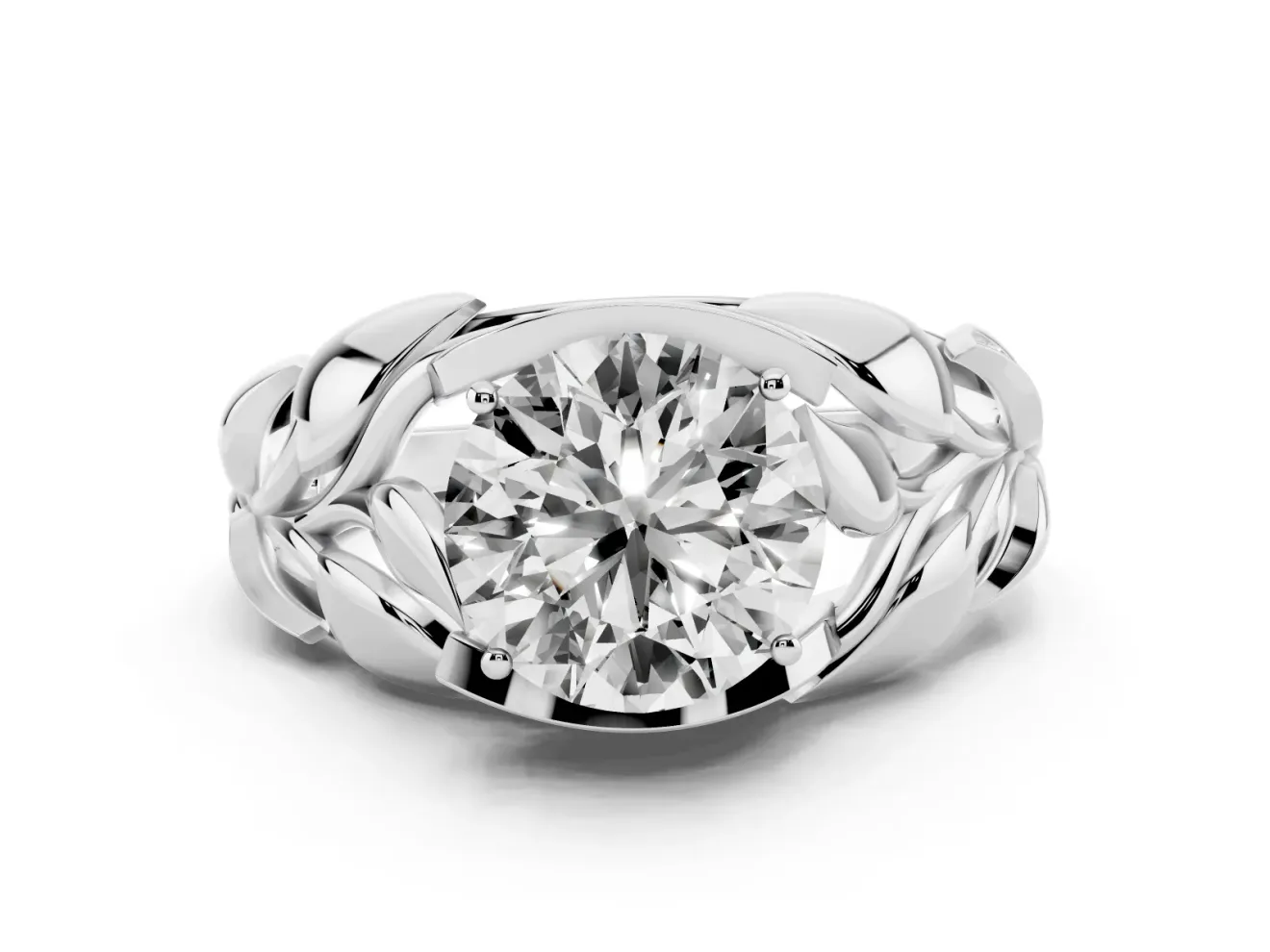 Round Cut Diamond Leaf-Inspired Engagement Ring Set in Silver with Round Accents