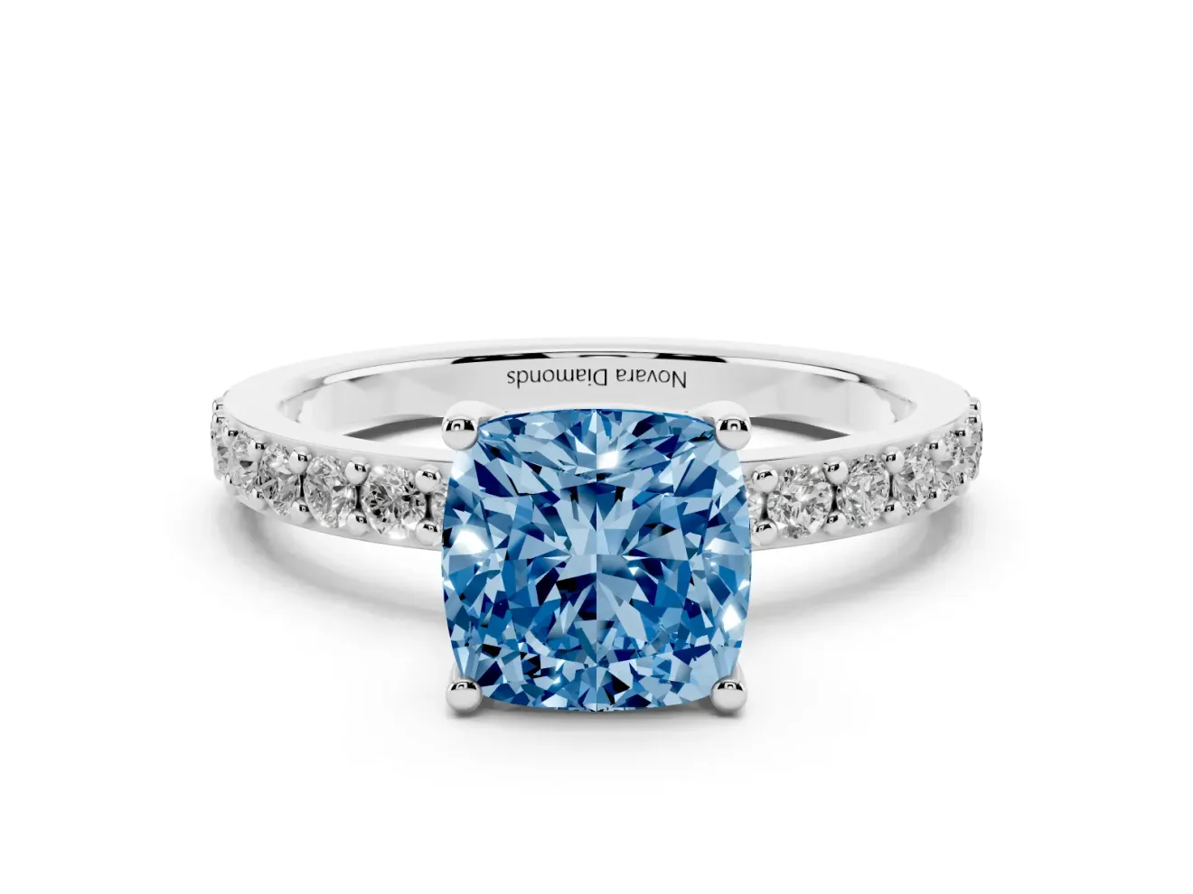 Cushion Cut Pavé Solitaire Engagement Ring Setting for a Fancy Blue Lab-Grown Diamond | Single Row Band | Platinum