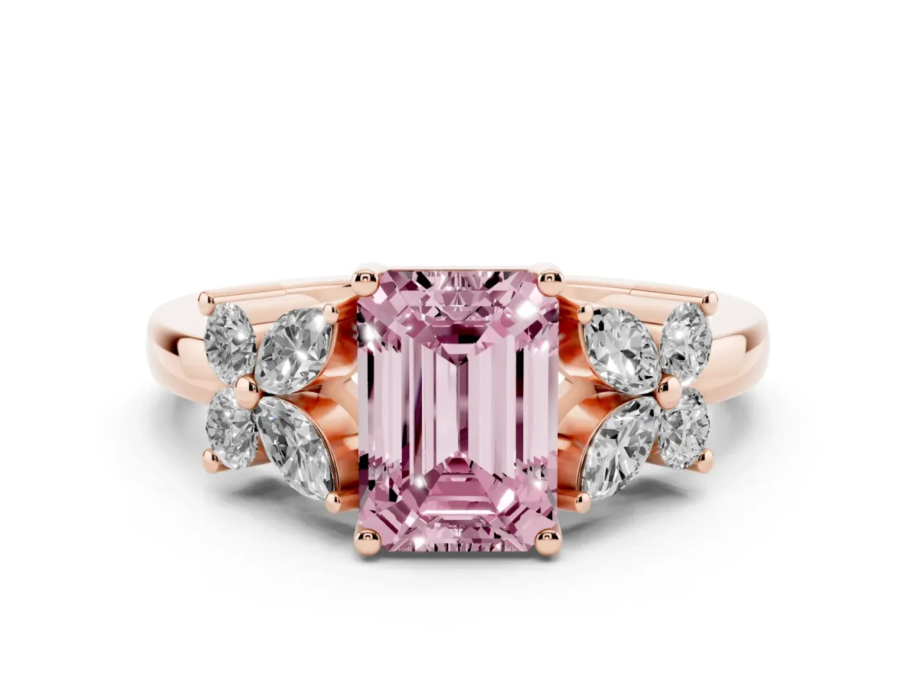 Emerald Cut Floral Side Stone Engagement Ring Setting for a Fancy Pink Lab-Grown Diamond | Rose Gold
