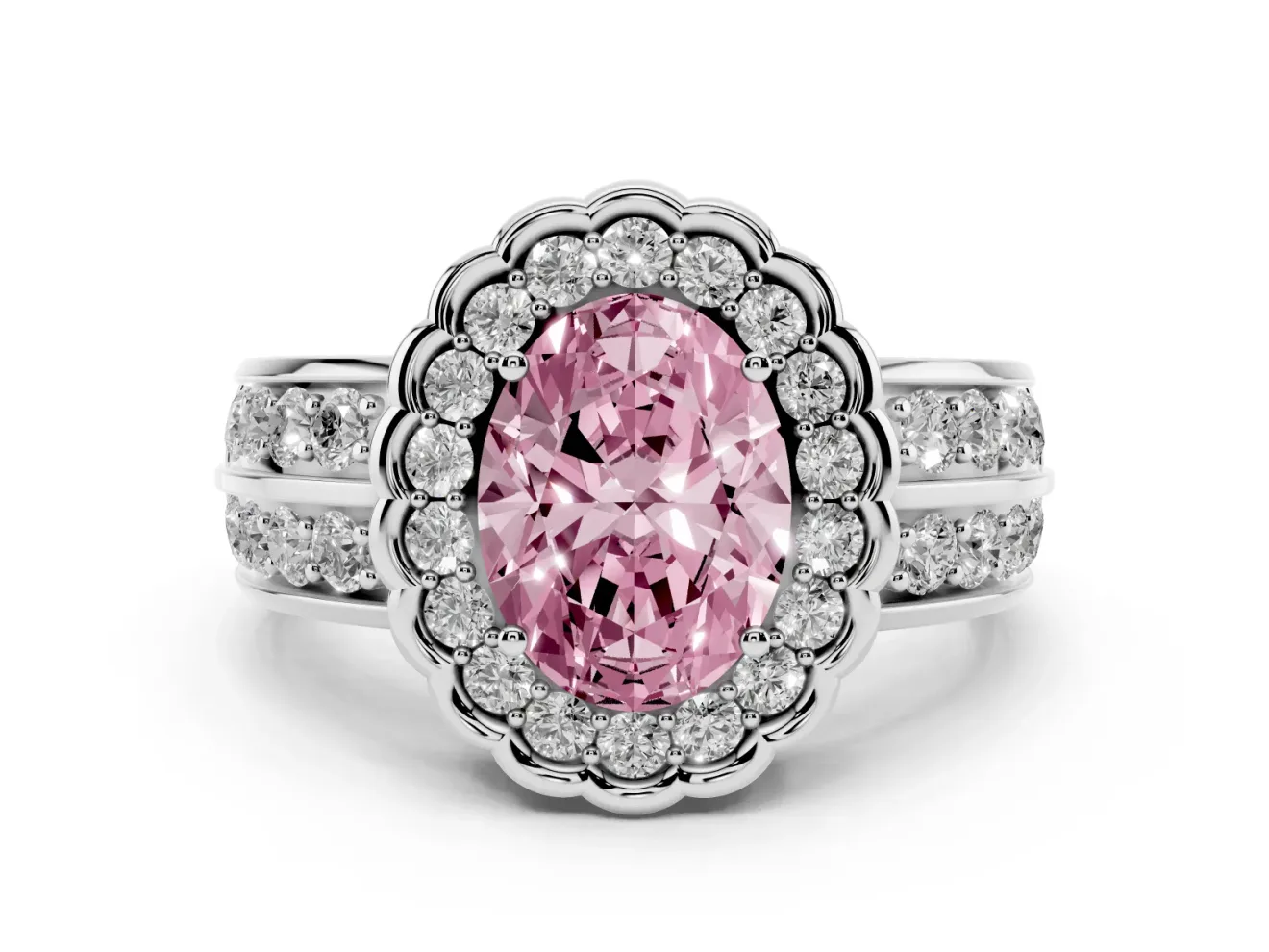 Fancy Pink Oval Cut Diamond Scalloped Halo Ring Set in Silver with Pavé Split Shank