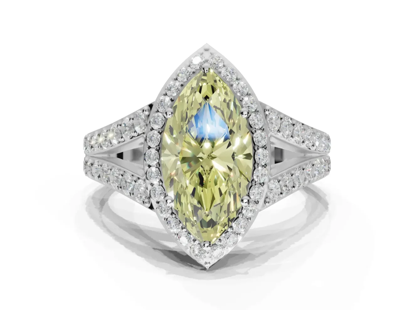 Marquise Halo Pavé Engagement Ring Setting for a Fancy Yellow Lab-Grown Diamond | Narrow Split Shank | White Gold