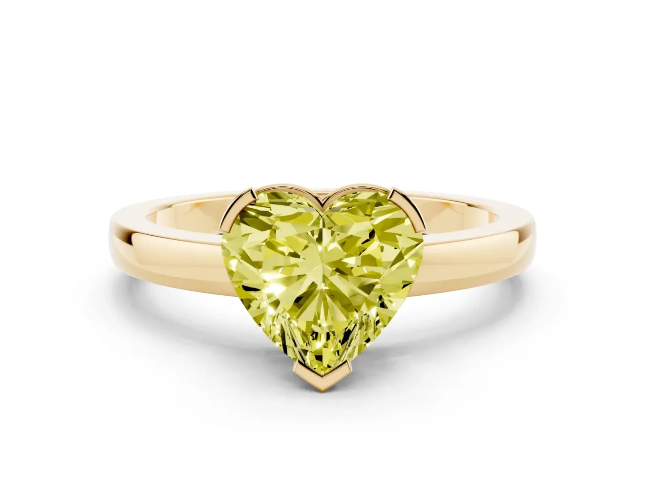Fancy Yellow Heart Cut Diamond Solitaire Ring Set in Yellow gold with Prong Head and Smooth Polished Band