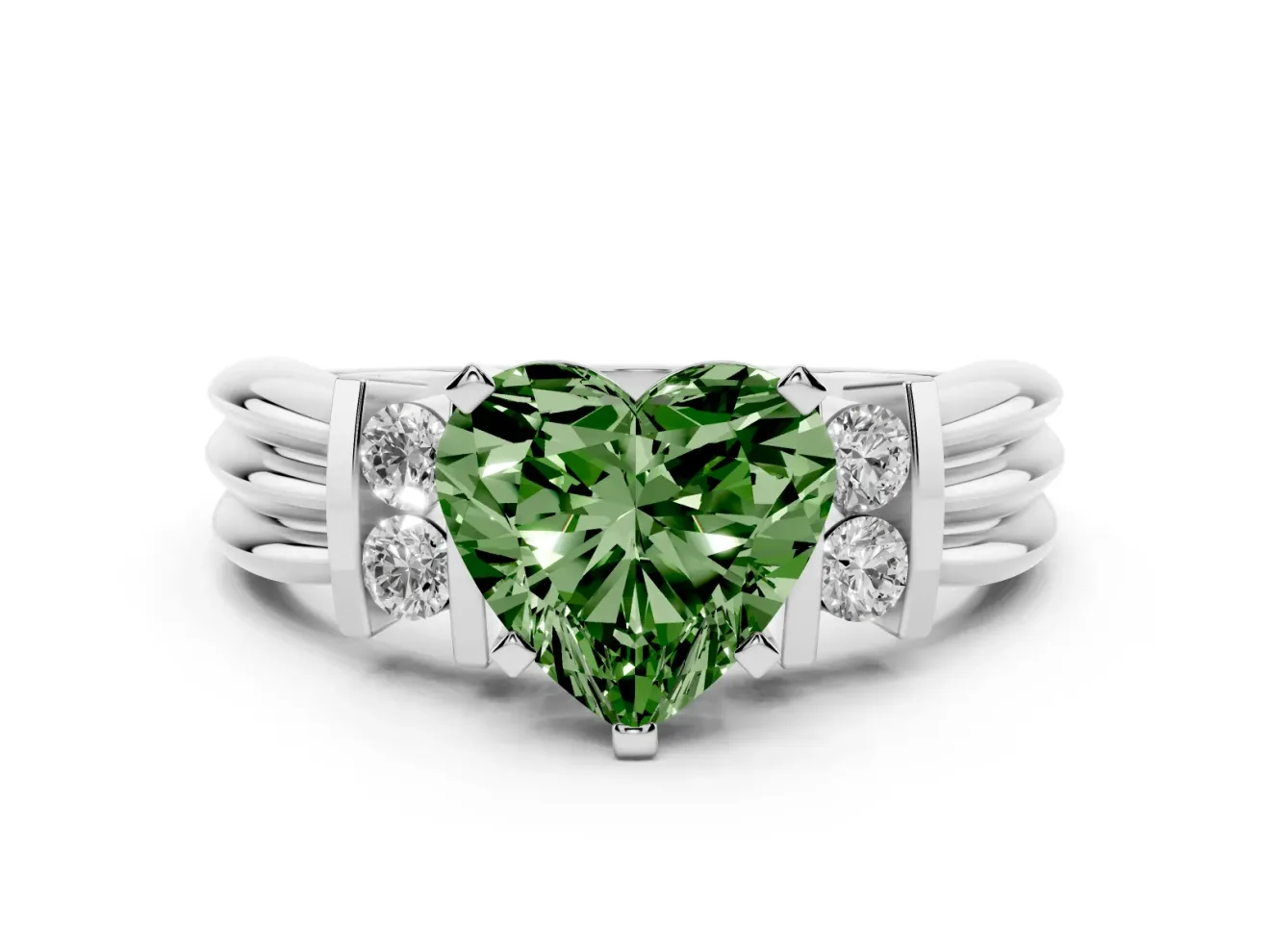 Fancy Green Three-Stone Heart Cut Diamond Channel Set Ring Set in Platinum with Bar Prongs